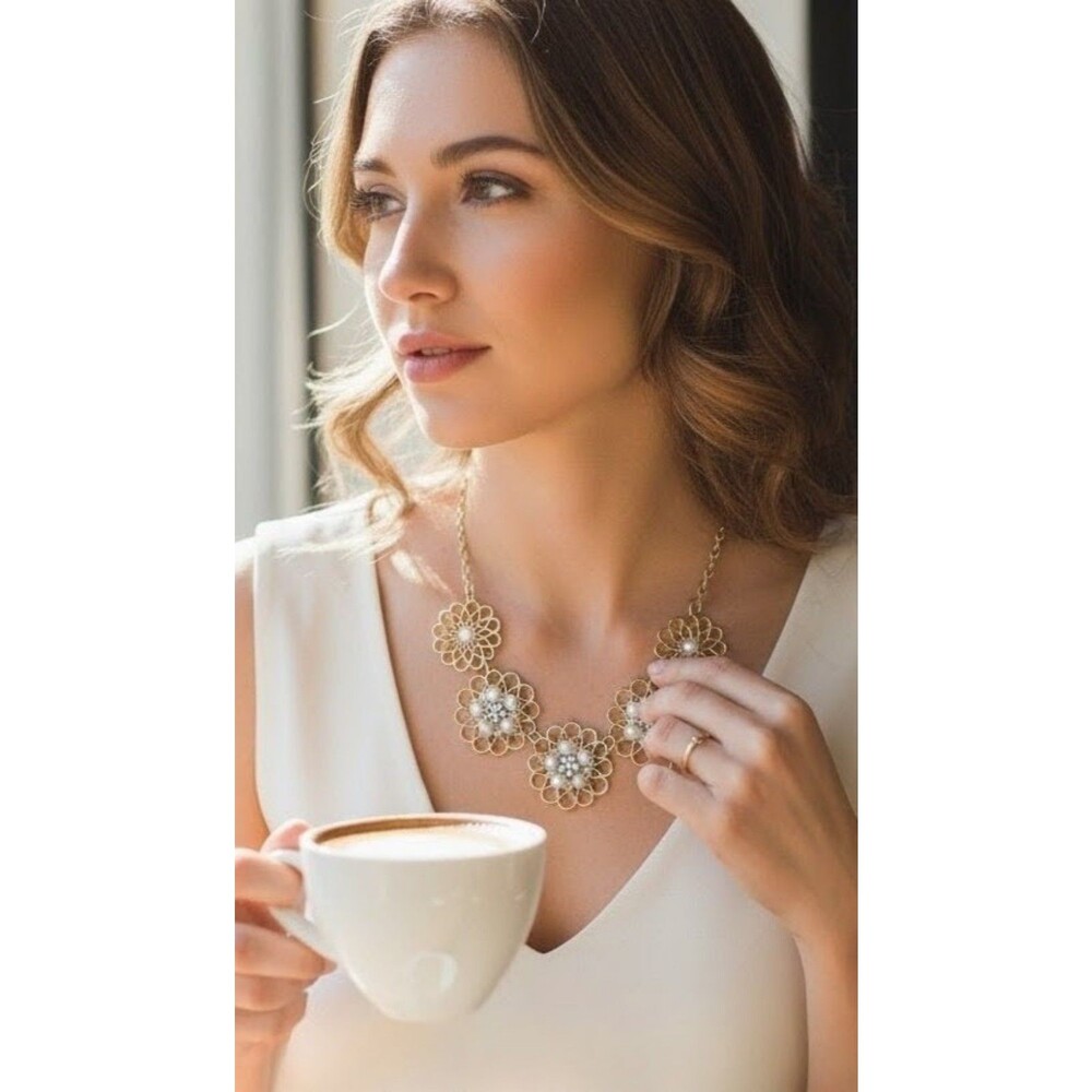 Bohemian filigree floral medallion bib necklace and 2 bracelets